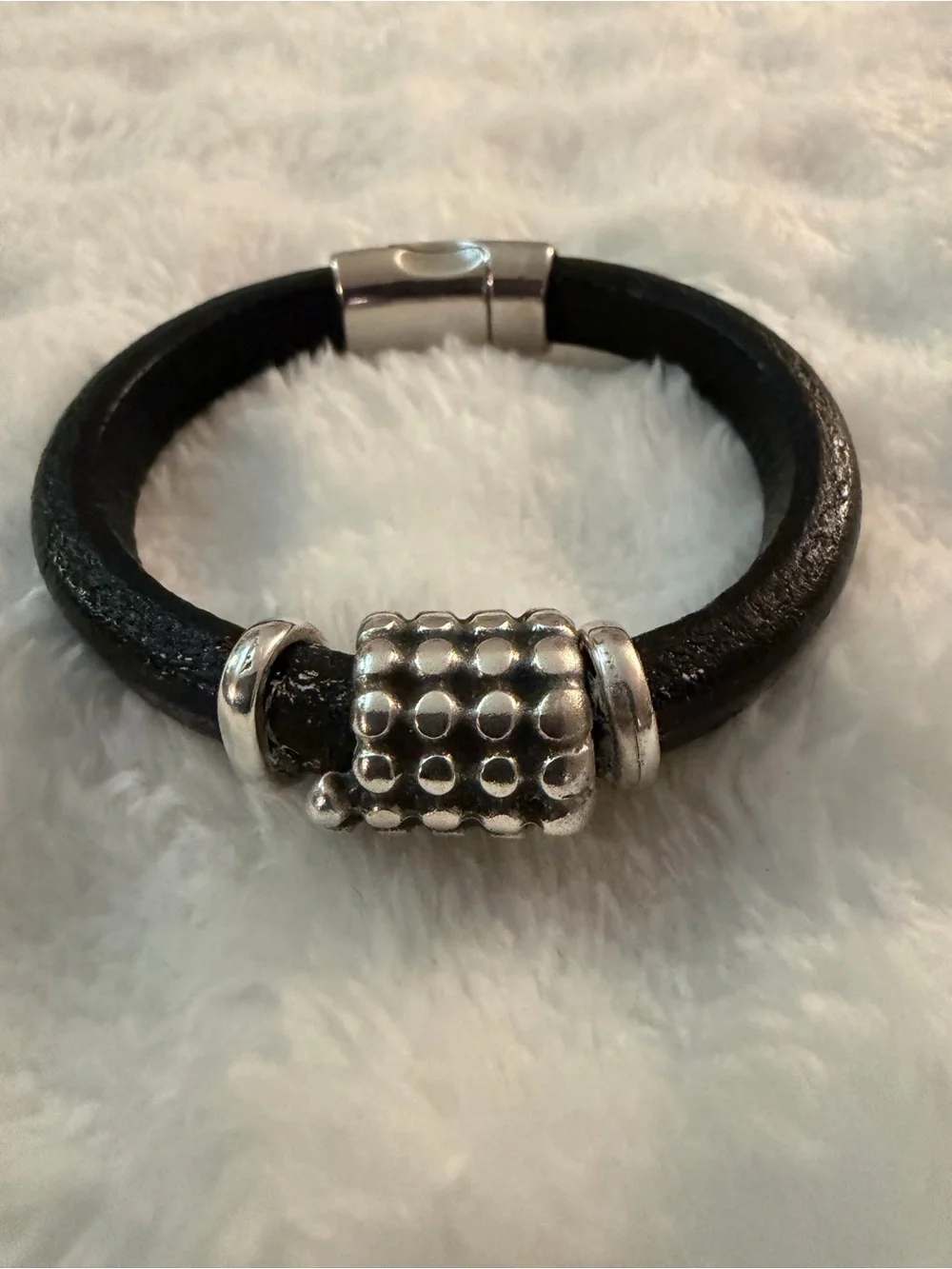 SUNDANCE Black Leather Bracelet with Silver Accents.